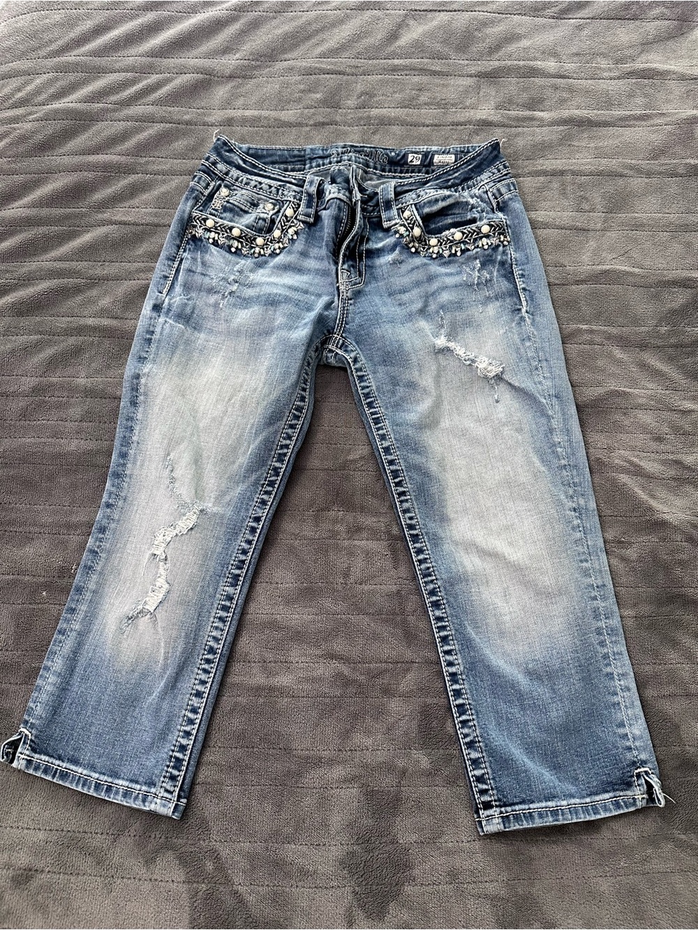 Miss Me Embellished Light Blue Distressed Women’s Capri